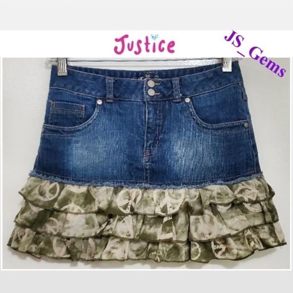 Justice Skorts Kid Girls Size 14 Blue Denim Distressed Camo Peace Ruffles Pocket - Picture 1 of 14